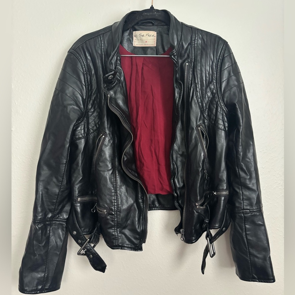 We The Free People Black Fenix Faux Leather Moto ZIP UP Jacket Sz. M - Picture 4 of 9